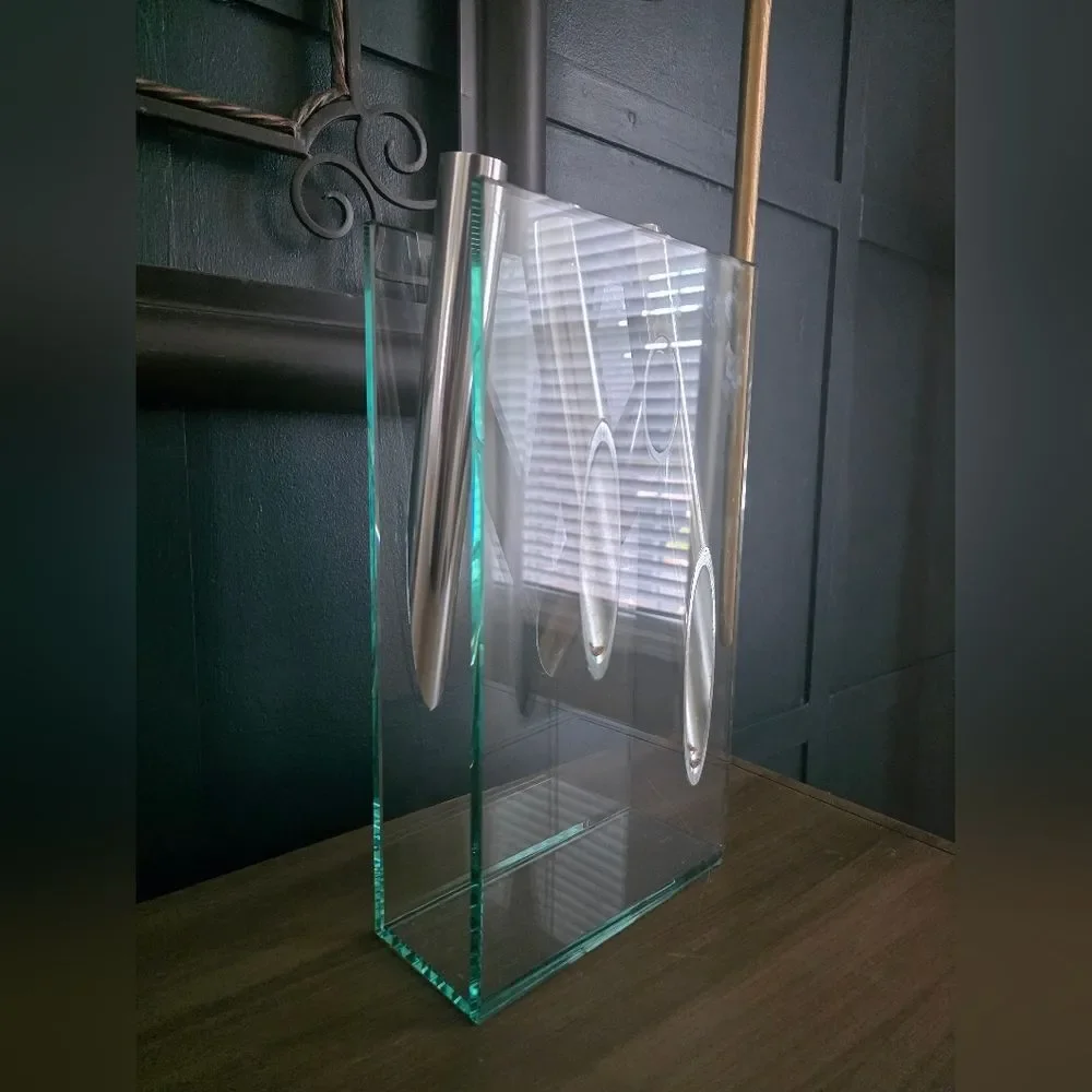 Lisa Mori Style VTG Glass Aluminum Abstract Vase Contemporary Modern Art 3 Stem